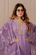 Lavender Embroidered Straight Kurta with Trousers & Dupatta