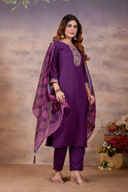 Women Ethnic Embroidered Thread Work Kurta with Trousers & Dupatta.