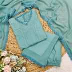 Pastel Teal Georgette Chikankari Embroidery Kurta With Pant And Dupatta For Women