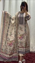 Cream Pure Lilac Silk Printed & Real Mirror With Embroidery Work Suit Set