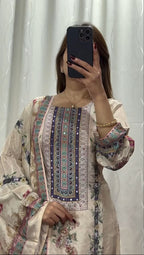Cream Pure Lilac Silk Printed & Real Mirror With Embroidery Work Suit Set