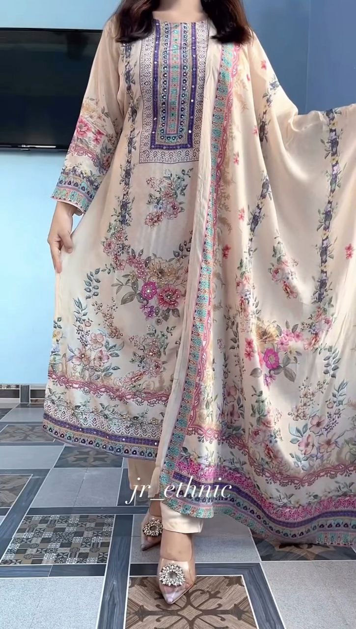 Cream Pure Lilac Silk Printed & Real Mirror With Embroidery Work Suit Set