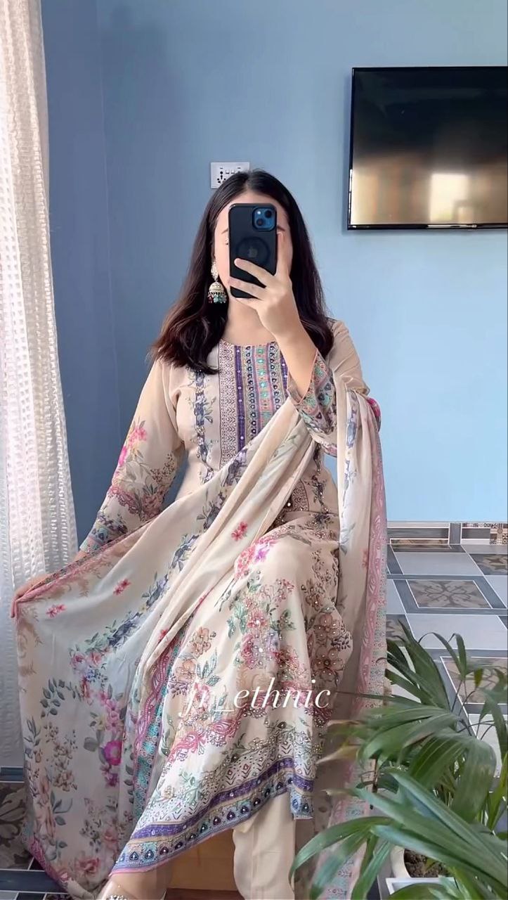 Cream Pure Lilac Silk Printed & Real Mirror With Embroidery Work Suit Set