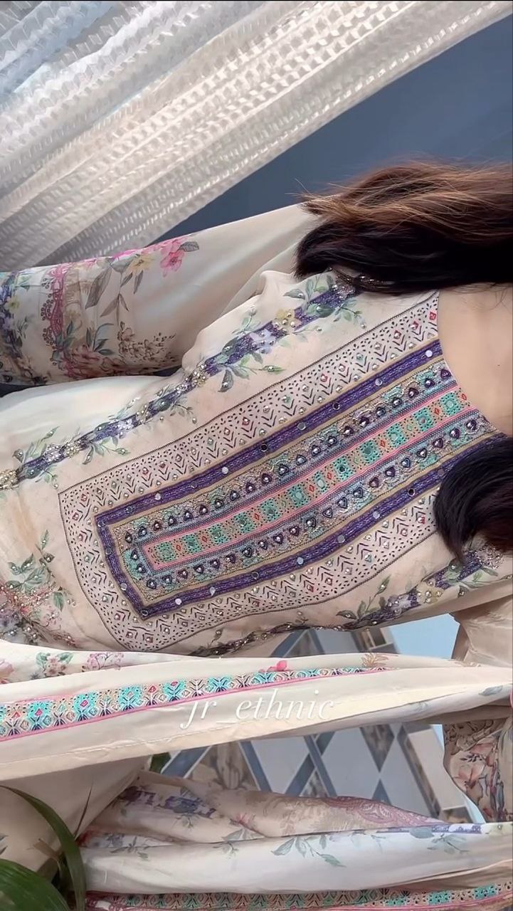 Cream Pure Lilac Silk Printed & Real Mirror With Embroidery Work Suit Set