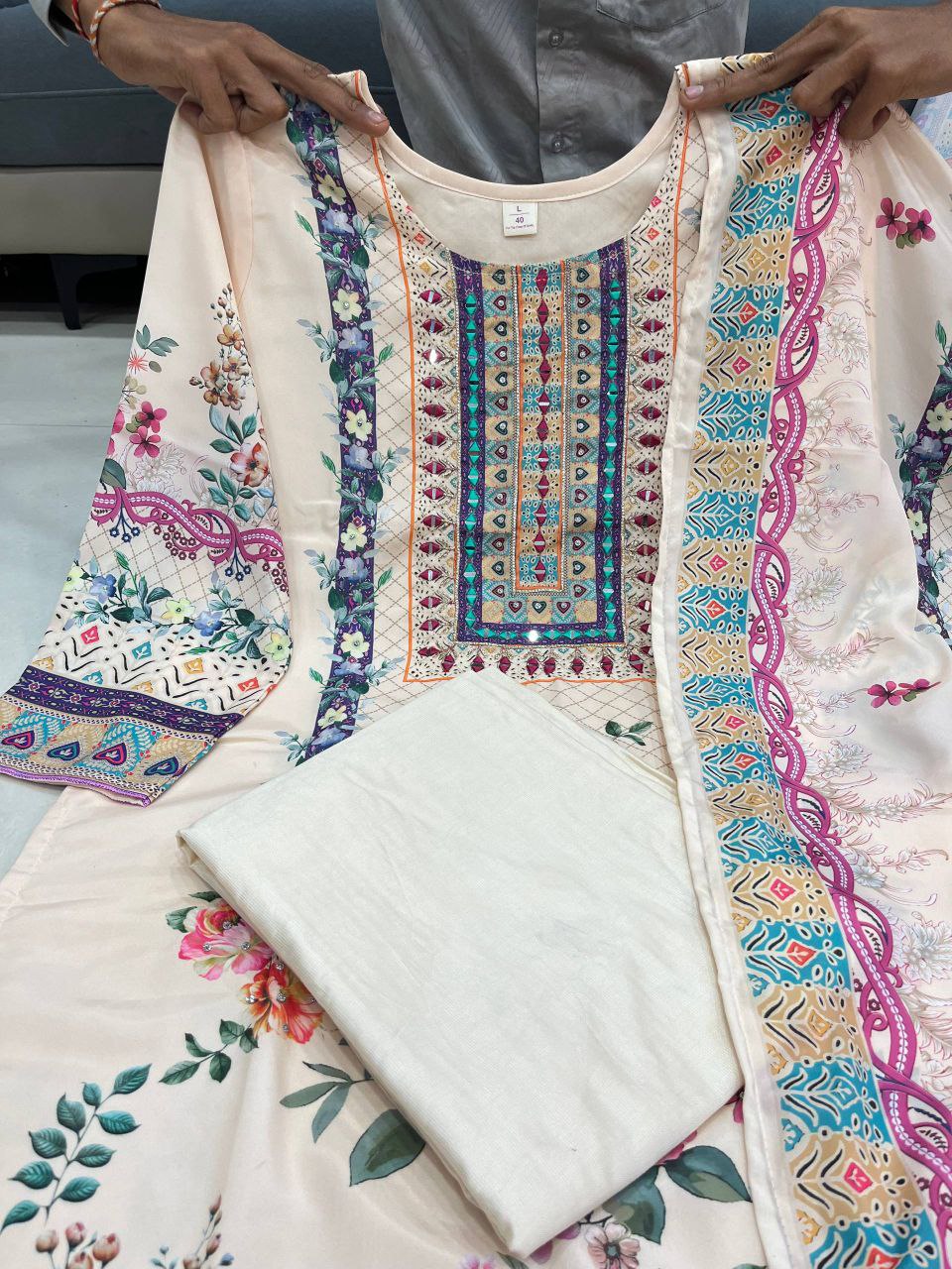 Cream Pure Lilac Silk Printed & Real Mirror With Embroidery Work Suit Set