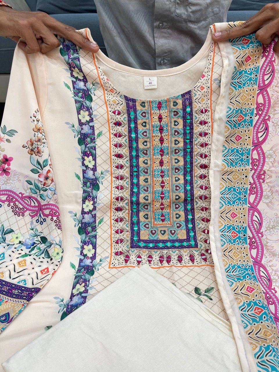 Cream Pure Lilac Silk Printed & Real Mirror With Embroidery Work Suit Set