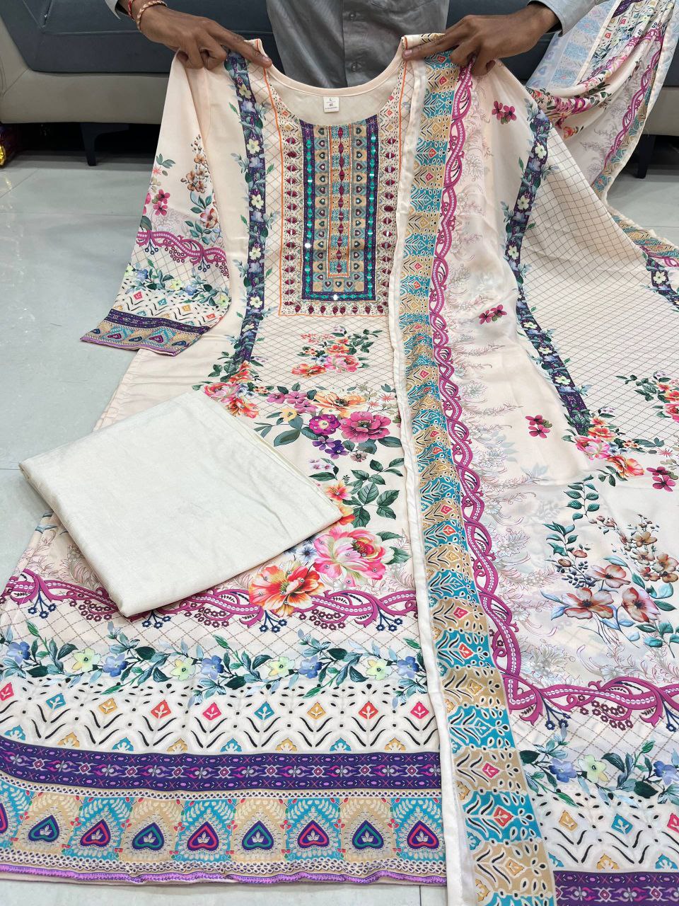 Cream Pure Lilac Silk Printed & Real Mirror With Embroidery Work Suit Set
