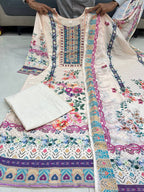 Cream Pure Lilac Silk Printed & Real Mirror With Embroidery Work Suit Set