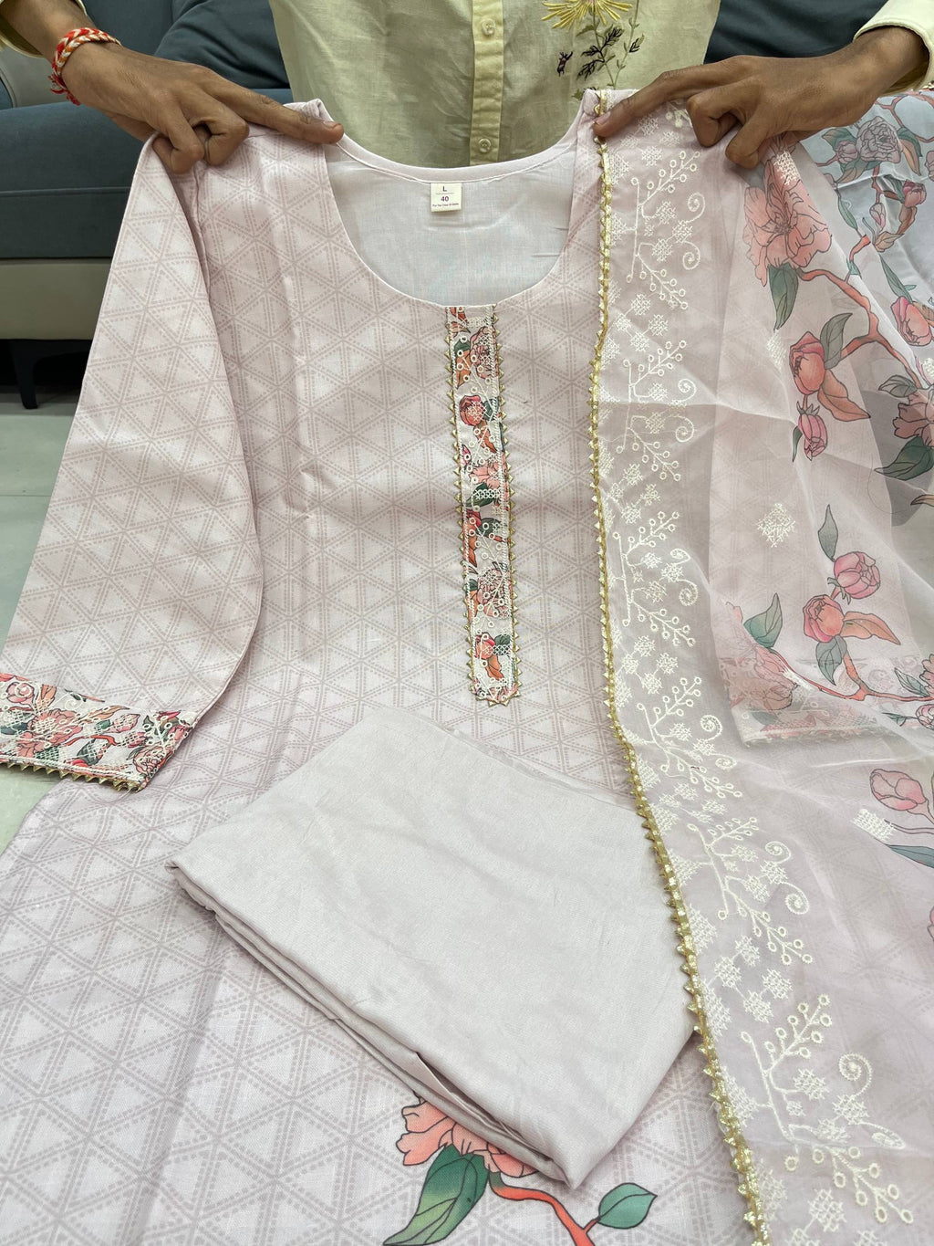 Women's Lilan Cotton Floral Printed Straight Pakistani Kurti with Pant and Dupattta