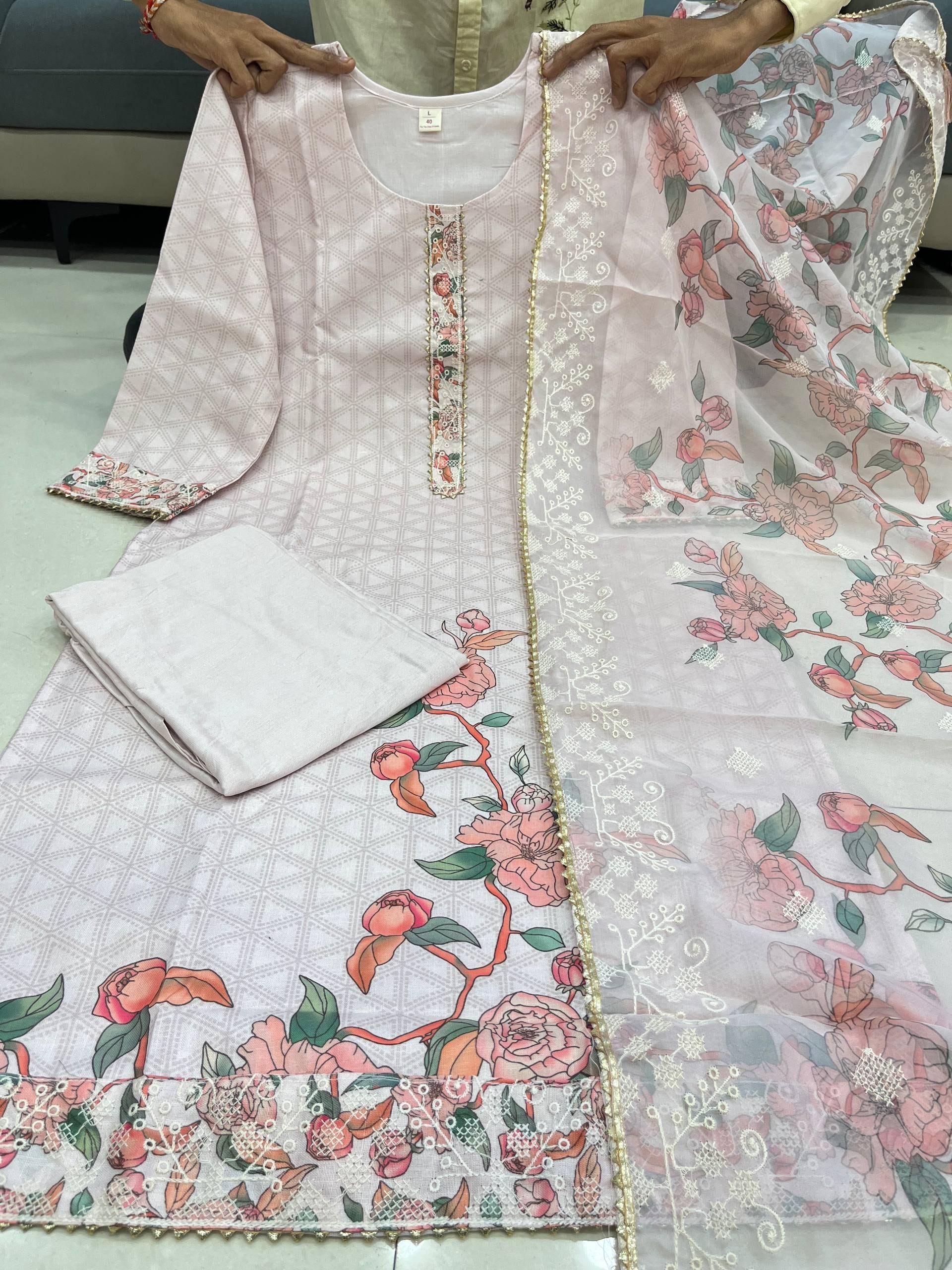 Women's Lilan Cotton Floral Printed Straight Pakistani Kurti with Pant and Dupattta