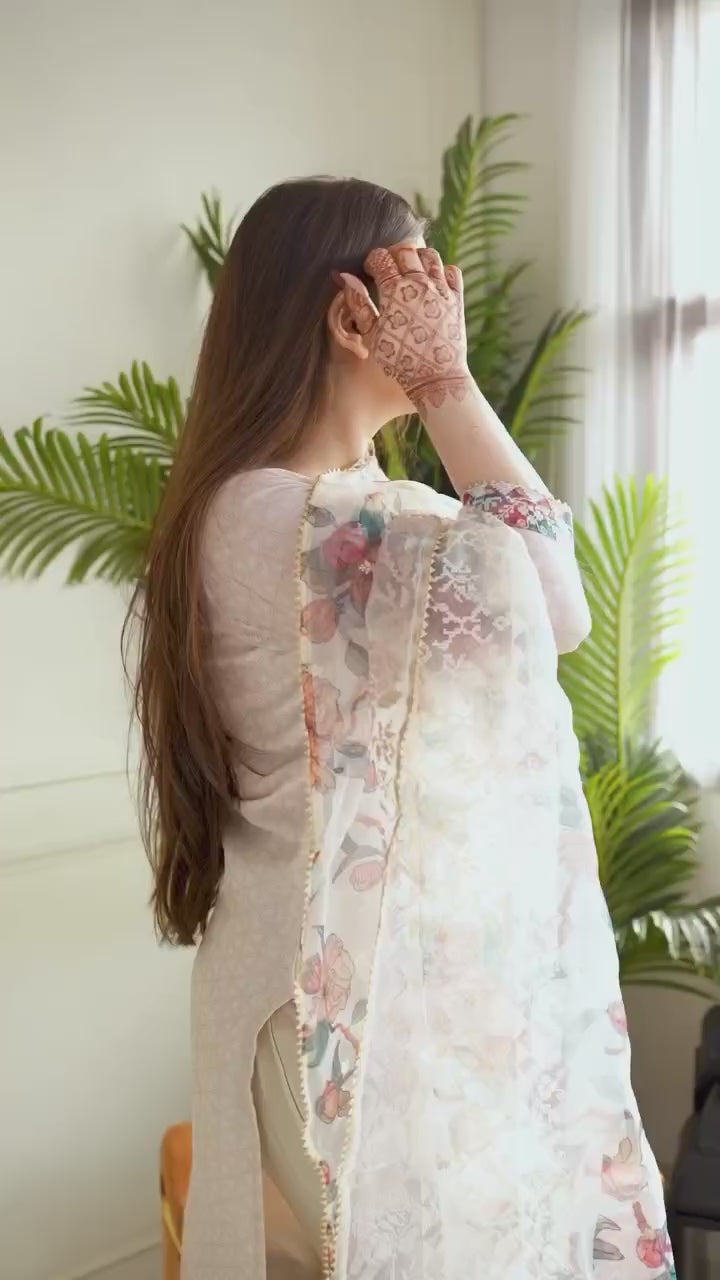 Women's Lilan Cotton Floral Printed Straight Pakistani Kurti with Pant and Dupattta